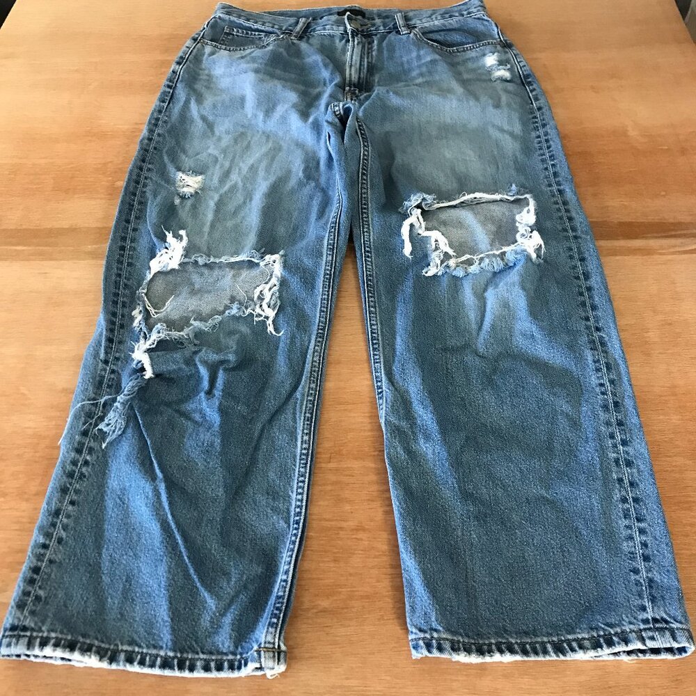 Uniqlo Loose Straight Jeans Men 30x25 Blue High Rise Distressed Kaihara Fabric